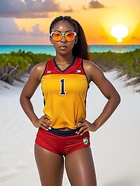 An athletic African woman wears a red volleyball uniform at sunset on the beach