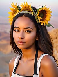 Tanzanian woman in a black apron poses at the Masada ruins under fading twilight